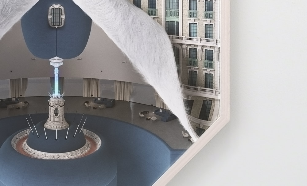 Detail of Ansonia artwork showing beige architecture