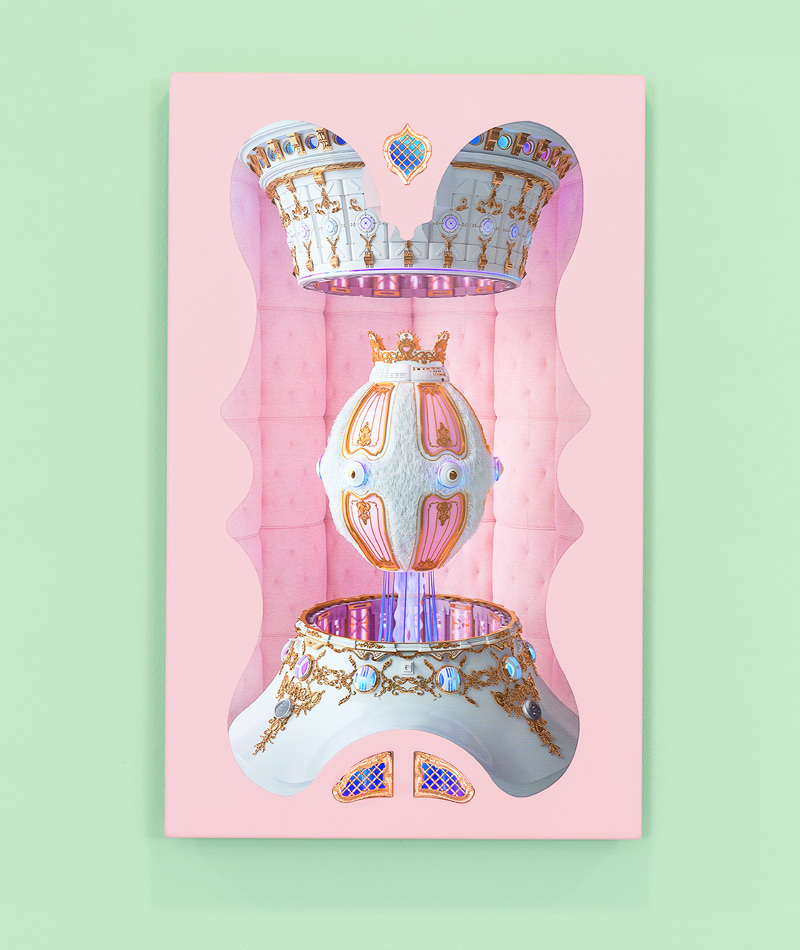 View of Monaghan's post-internet contemporary video sculpture showing gold details