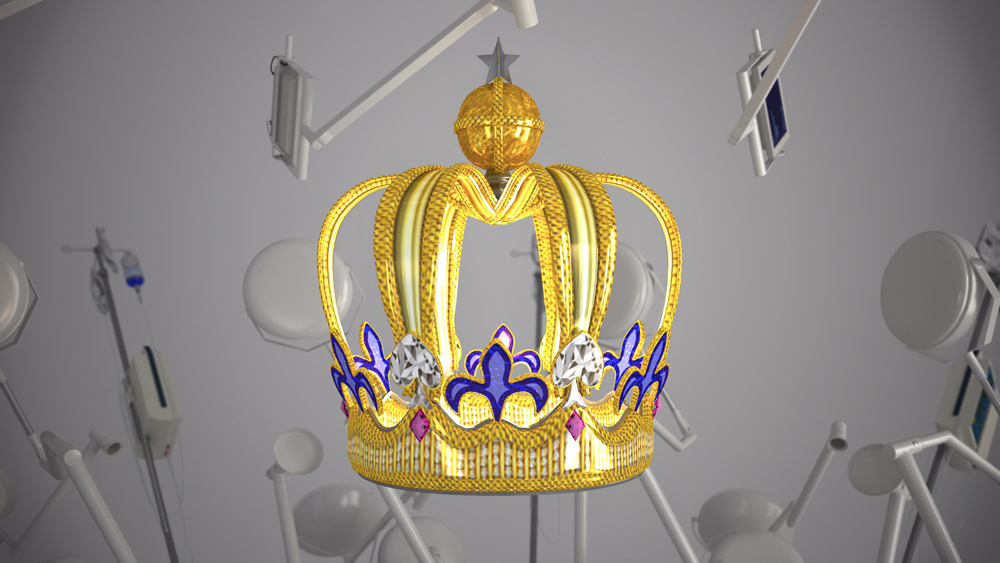 Still from Dauphin 007, a surreal computer animation by Jonathan Monaghan, featuring a golden crown in a baroque-inspired digital environment.