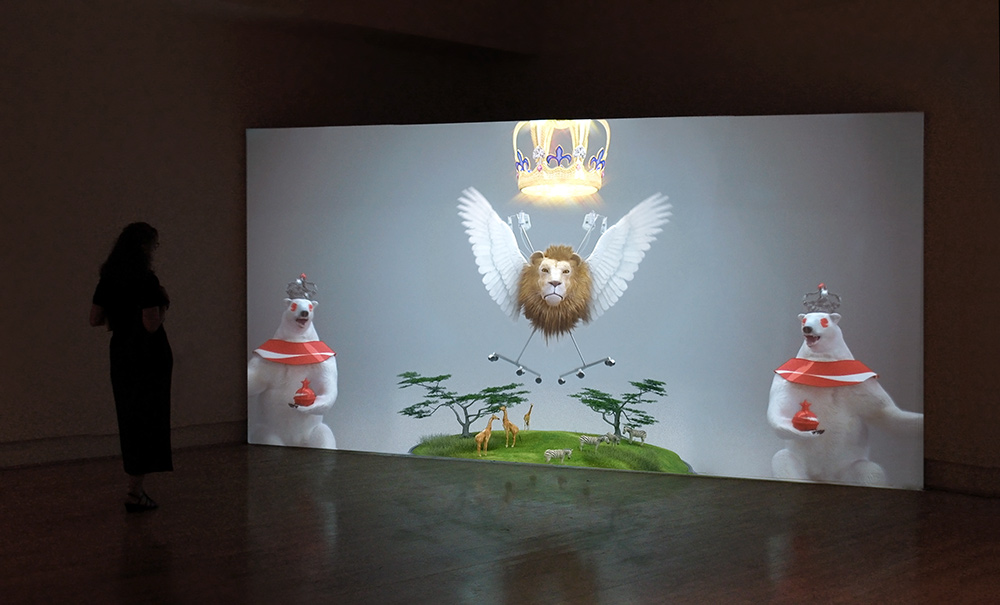 installation view from surreal Dauphin 007 animation showing woman standing in front of large projection screen in contemporary art museum