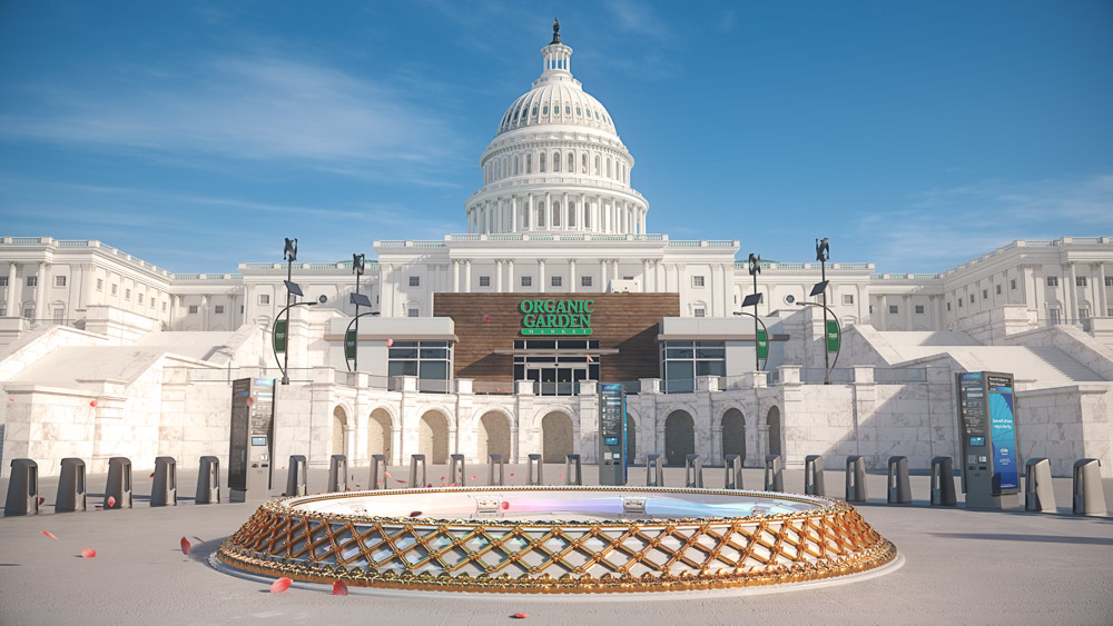 A still from the video installation Den of Wolves showing a surreal scene of the US Capitol