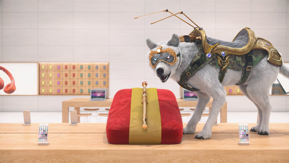 Still from the contemporary video art installation showing a wolf in a Apple store