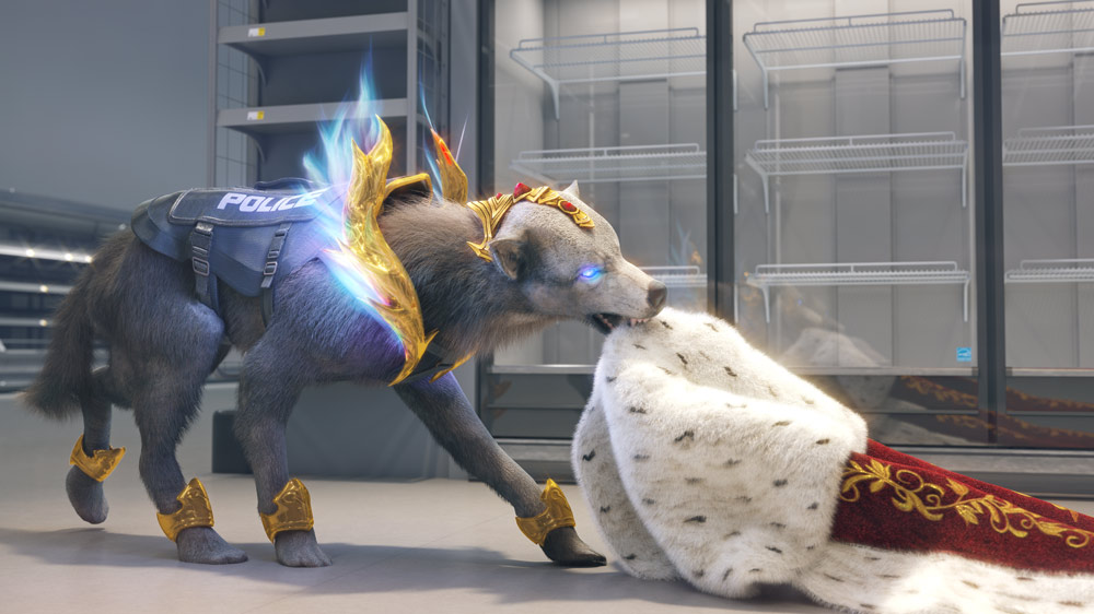 A still from the video art installation showing a wolf and regalia