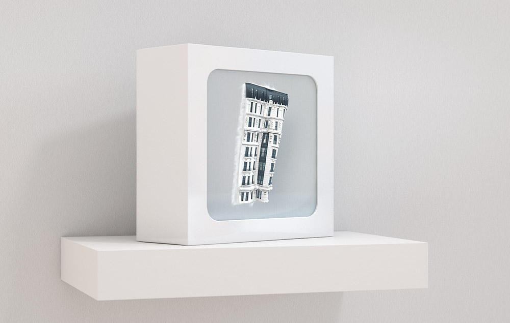 Jonathan Monaghan's video artwork presented in a sleek white steel frame