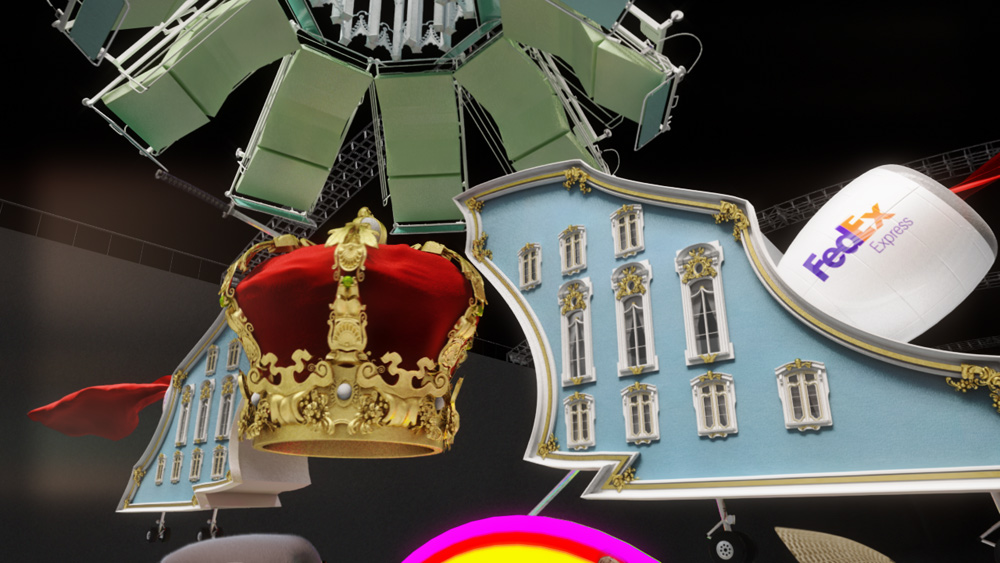 still from contemporary video art showing regal architecture crown