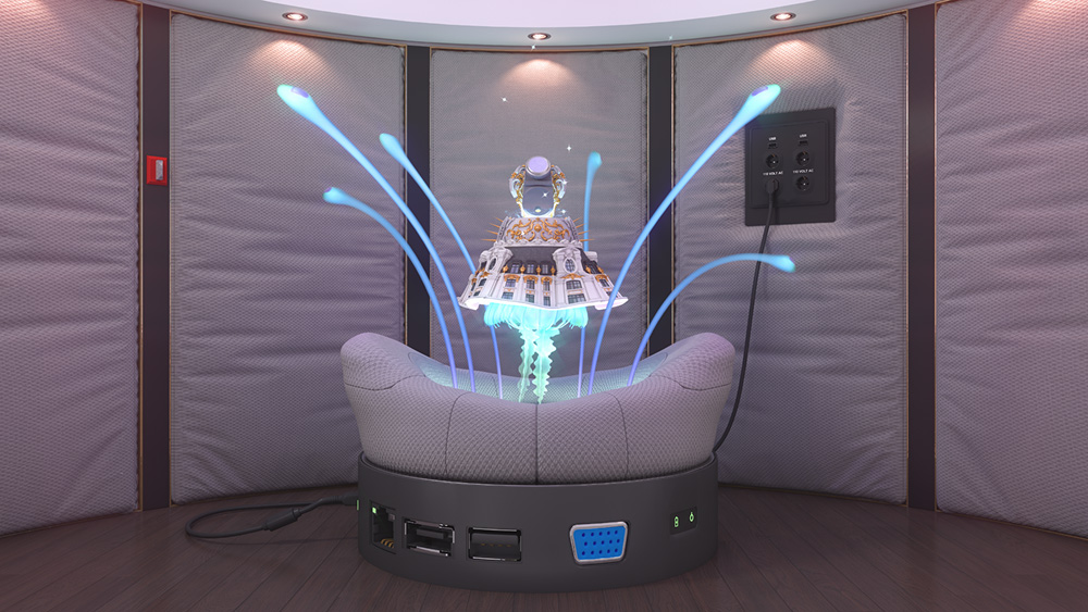 Still from the contemporary video art installation showing blue jellyfish alien