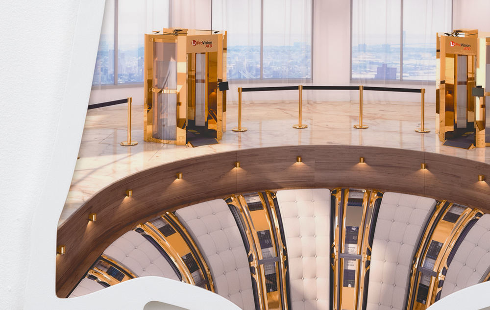 Detail of sculptural art print showing gold TSA checkpoint