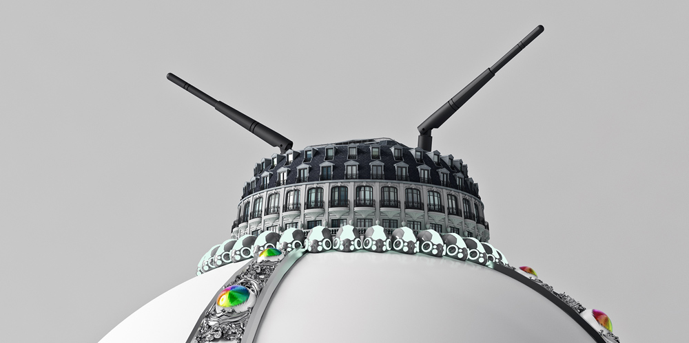 Detail of Jonathan Monaghans contemporary art print showing surreal electronics