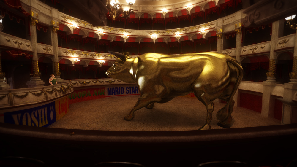 A still showing a mythical golden bull in a opera house