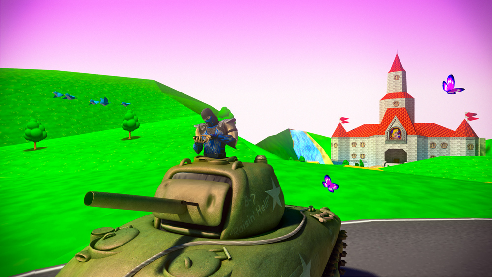 Post-internet video art showing video game characters near grey castle