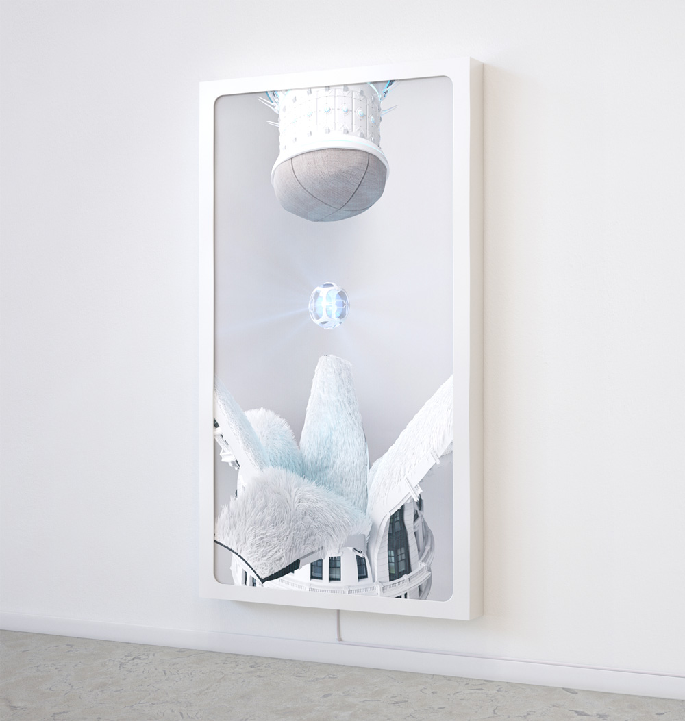 Large video art piece on wall in frame