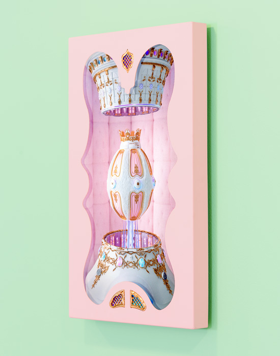 Jonathan Monaghan's unique sculptural video art work with bright pink and green colors