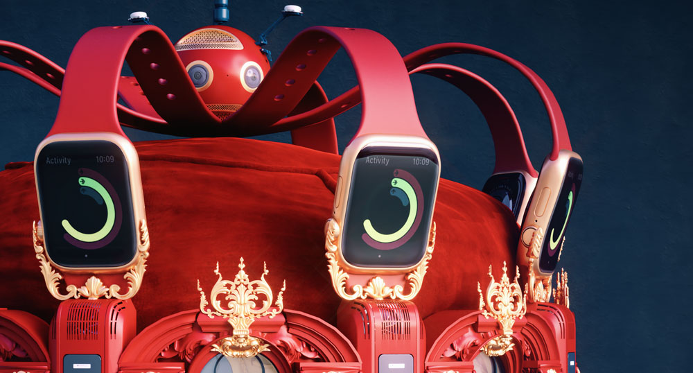 A still from the video art installation showing red regalia