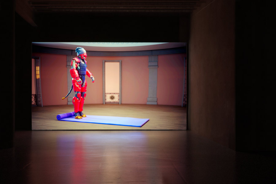 video installation museum in gallery with imagery of fitness and robots