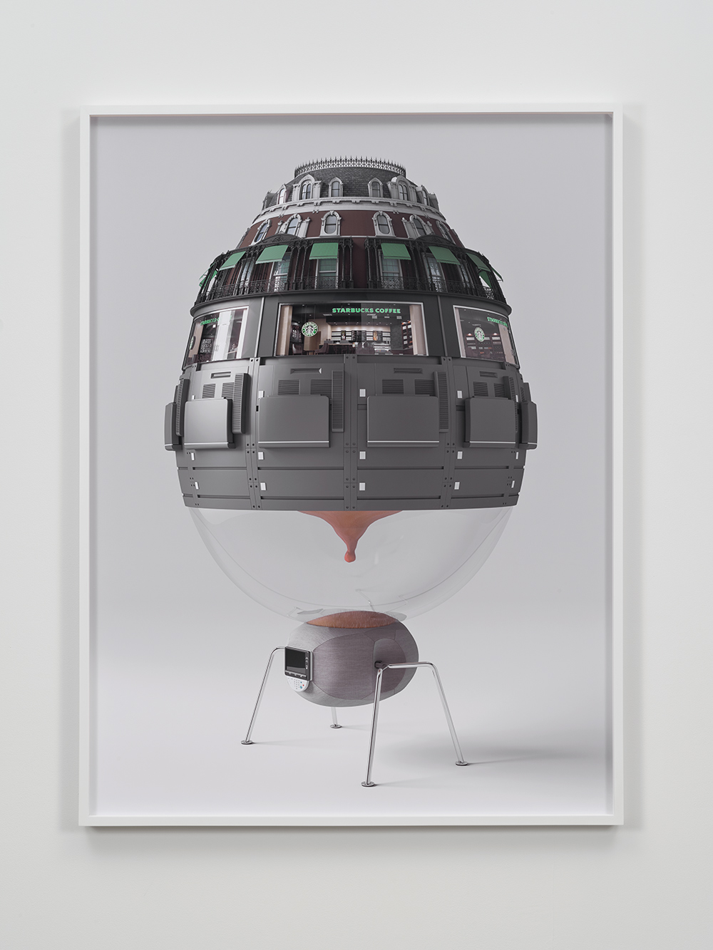 Artwork referencing Pop Art, with a Starbucks shop in the alien form.