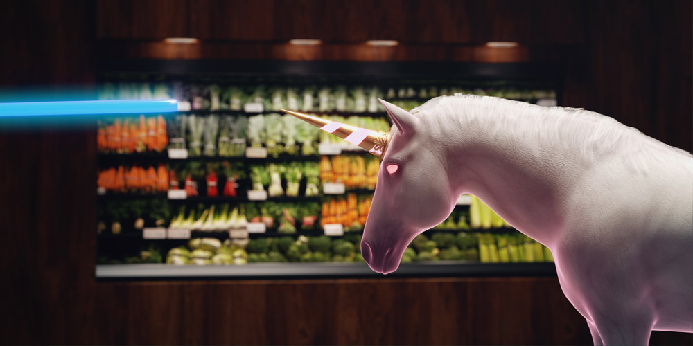 a 3D rendering of a fantastical unicorn surrounded by a lush garden