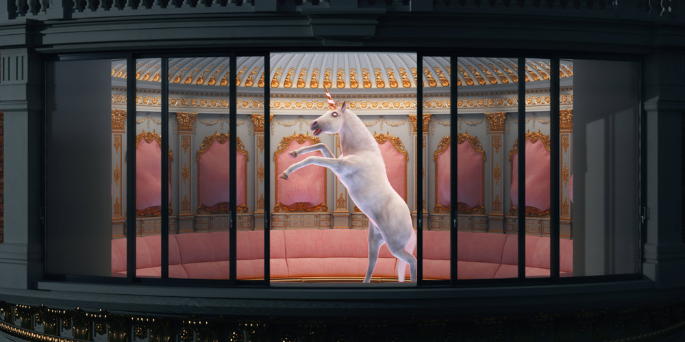 a close-up of the unicorn's front legs, highlighting the intricate detail and texture of the computer-generated video art