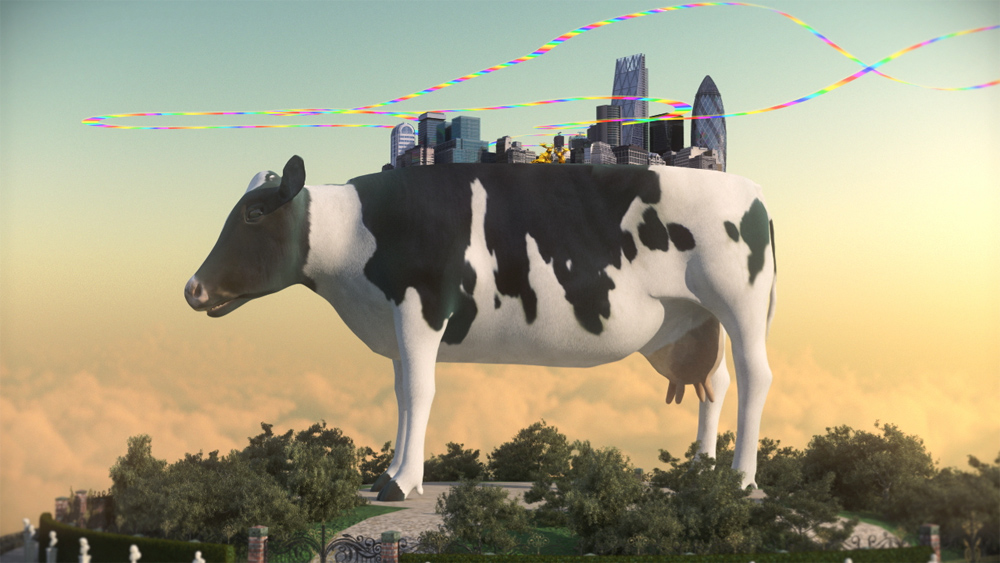 Dream-like still showing the financial center of London on the back of a mythical cow