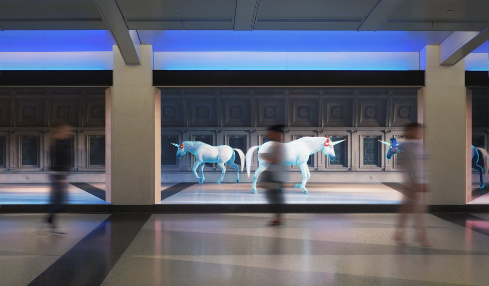 A still from the video art installation showing red regalia