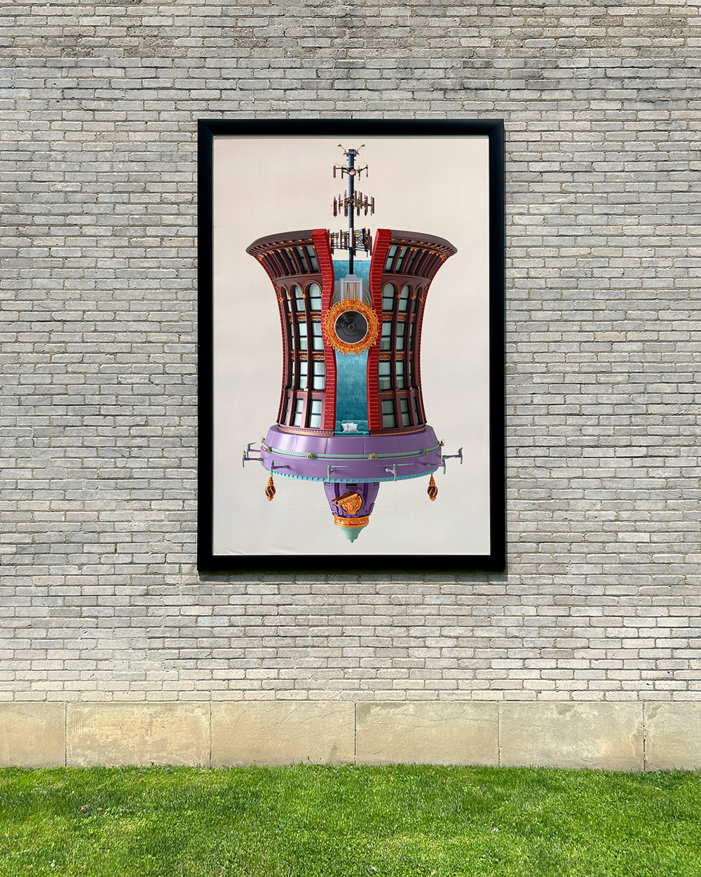 Outdoor art installation showing purple spaceship with architectural details in front of green bush