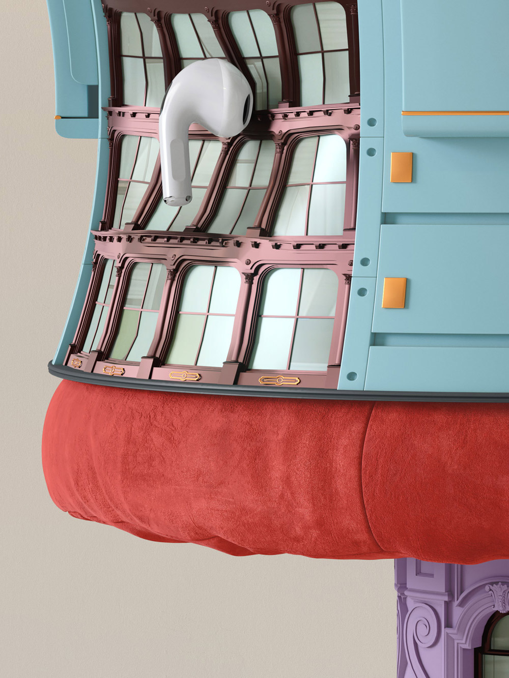 Wall decal by Monaghan with electronic devices juxtaposed near colorful soft fabrics.