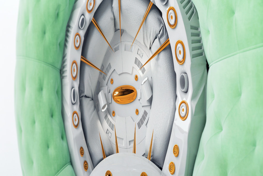 Artwork by Monaghan featuring ambiguous electronic devices near colorful soft fabrics