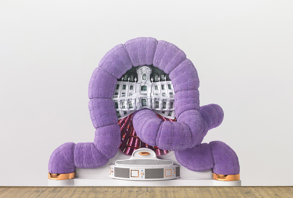 Contemporary art installation of a printed artwork displayed in a white wall gallery space