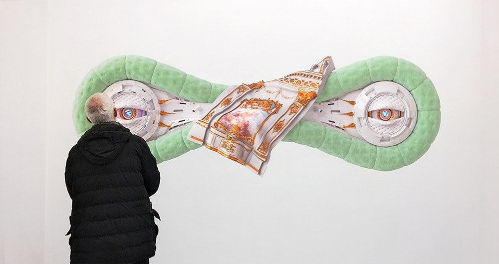 Installation shot of mint green contemporary artwork in art gallery