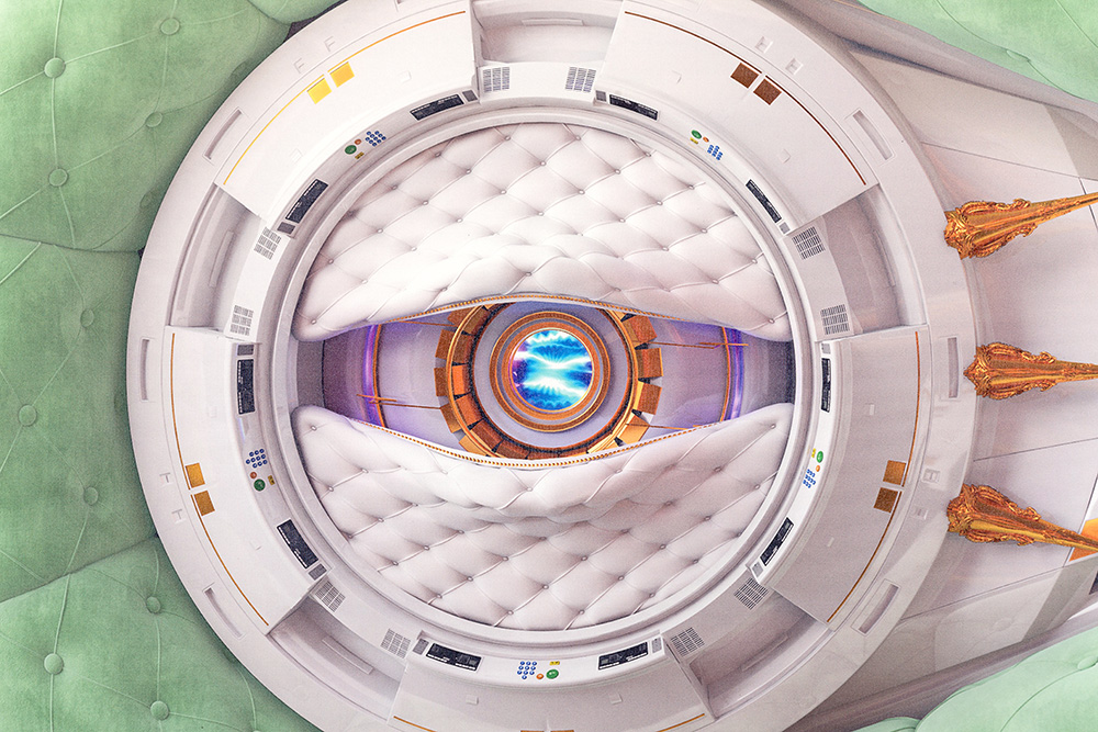 detail of die-cut adhesive-backed polyester canvas showing lime green fabric and technological eye