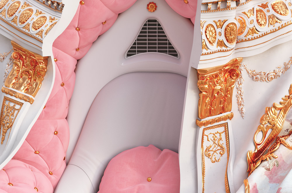 Pink and lux aesthetics are shown in the detail of this contemporary art installation by Jonathan Monaghan