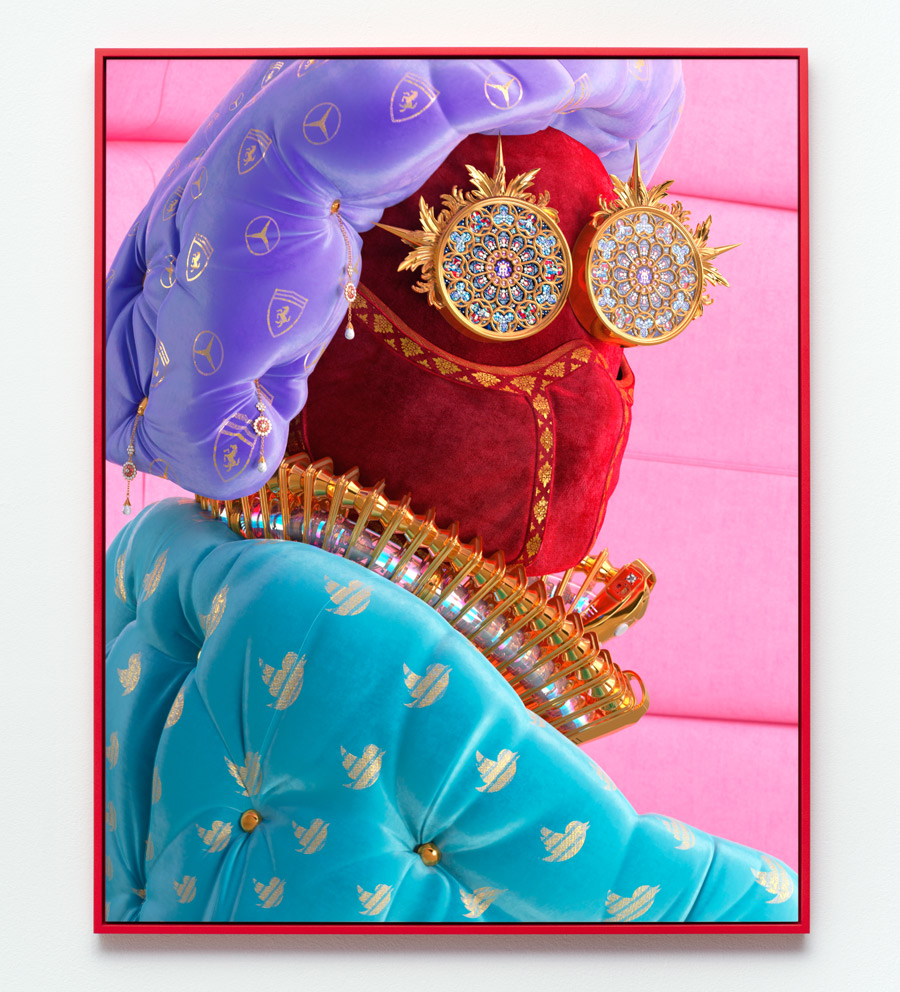 View of Soft Power series exhibition installation in contemporary art gallery. The artwork is a large framed print featuring a digitally manipulated scene of a man and woman in surreal aristocratic attire with computer-generated imagery of floral patterns in the background.